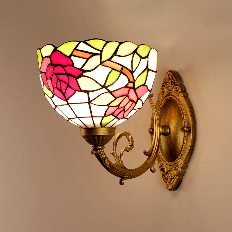 Cut Glass Flower Wall Mount Lighting Tiffany Style 1 Light Rose Red Sconce Light for Bedroom Rose Red Clearhalo 'Industrial' 'Middle century wall lights' 'Tiffany wall lights' 'Tiffany' 'Wall Lamps & Sconces' 'Wall Lights' Lighting' 316067