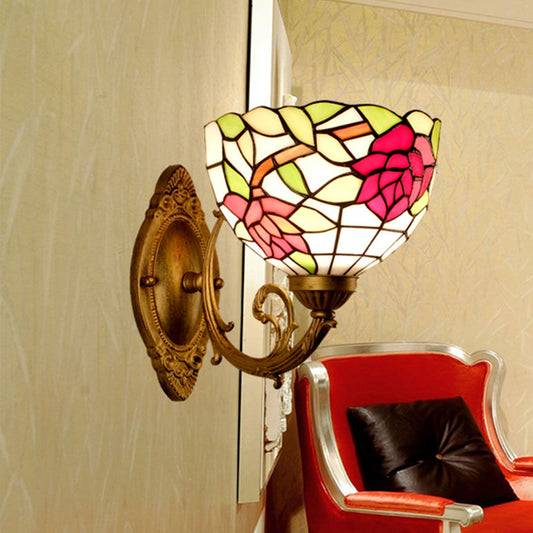 Cut Glass Flower Wall Mount Lighting Tiffany Style 1 Light Rose Red Sconce Light for Bedroom Clearhalo 'Industrial' 'Middle century wall lights' 'Tiffany wall lights' 'Tiffany' 'Wall Lamps & Sconces' 'Wall Lights' Lighting' 316068