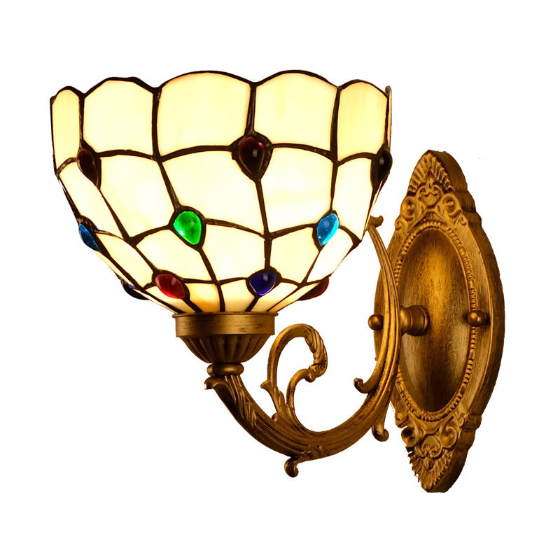 1 Light Bathroom Vanity Lamp Mediterranean Brass Sconce Light Fixture with Beaded White Glass Shade White Clearhalo 'Industrial' 'Middle century wall lights' 'Tiffany wall lights' 'Tiffany' 'Wall Lamps & Sconces' 'Wall Lights' Lighting' 316070