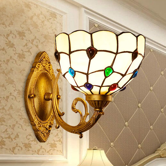 1 Light Bathroom Vanity Lamp Mediterranean Brass Sconce Light Fixture with Beaded White Glass Shade Clearhalo 'Industrial' 'Middle century wall lights' 'Tiffany wall lights' 'Tiffany' 'Wall Lamps & Sconces' 'Wall Lights' Lighting' 316071