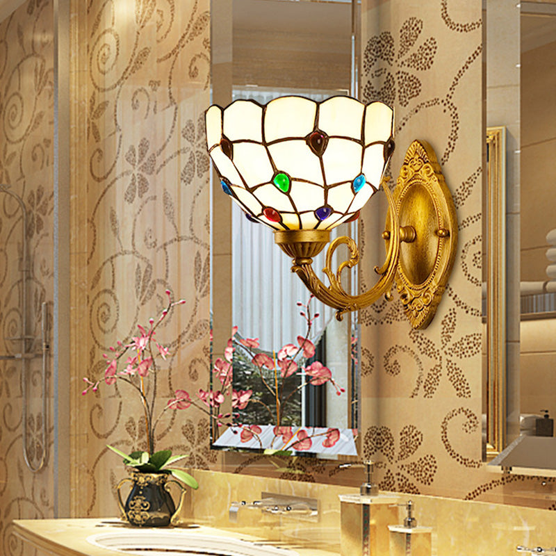1 Light Bathroom Vanity Lamp Mediterranean Brass Sconce Light Fixture with Beaded White Glass Shade Clearhalo 'Industrial' 'Middle century wall lights' 'Tiffany wall lights' 'Tiffany' 'Wall Lamps & Sconces' 'Wall Lights' Lighting' 316072