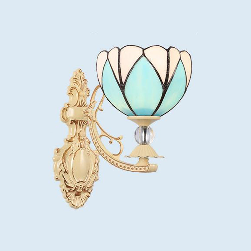 Tiffany Blossom Wall Mount Lighting 1 Light Hand Cut Glass Sconce Light Fixture in White/Orange/Pink for Corridor Light Blue Clearhalo 'Industrial' 'Middle century wall lights' 'Tiffany wall lights' 'Tiffany' 'Wall Lamps & Sconces' 'Wall Lights' Lighting' 316084