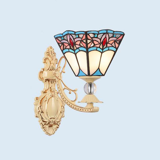 Tiffany Blossom Wall Mount Lighting 1 Light Hand Cut Glass Sconce Light Fixture in White/Orange/Pink for Corridor Pink Clearhalo 'Industrial' 'Middle century wall lights' 'Tiffany wall lights' 'Tiffany' 'Wall Lamps & Sconces' 'Wall Lights' Lighting' 316085