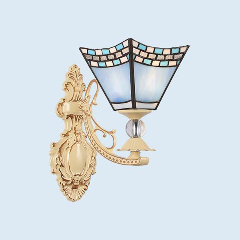 Tiffany Blossom Wall Mount Lighting 1 Light Hand Cut Glass Sconce Light Fixture in White/Orange/Pink for Corridor Water Blue Clearhalo 'Industrial' 'Middle century wall lights' 'Tiffany wall lights' 'Tiffany' 'Wall Lamps & Sconces' 'Wall Lights' Lighting' 316088