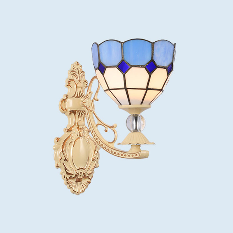Cut Glass White/Red/Pink Sconce Light Cone/Flower/Dome 1 Light Mediterranean Wall Mounted Lamp for Outdoor Ocean Blue Clearhalo 'Industrial' 'Middle century wall lights' 'Tiffany wall lights' 'Tiffany' 'Wall Lamps & Sconces' 'Wall Lights' Lighting' 316089