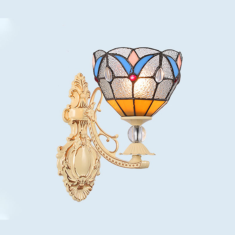 Cut Glass White/Red/Pink Sconce Light Cone/Flower/Dome 1 Light Mediterranean Wall Mounted Lamp for Outdoor Blue Clearhalo 'Industrial' 'Middle century wall lights' 'Tiffany wall lights' 'Tiffany' 'Wall Lamps & Sconces' 'Wall Lights' Lighting' 316090