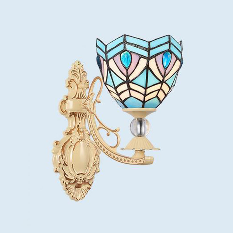 Cut Glass White/Red/Pink Sconce Light Cone/Flower/Dome 1 Light Mediterranean Wall Mounted Lamp for Outdoor White-Blue Clearhalo 'Industrial' 'Middle century wall lights' 'Tiffany wall lights' 'Tiffany' 'Wall Lamps & Sconces' 'Wall Lights' Lighting' 316094