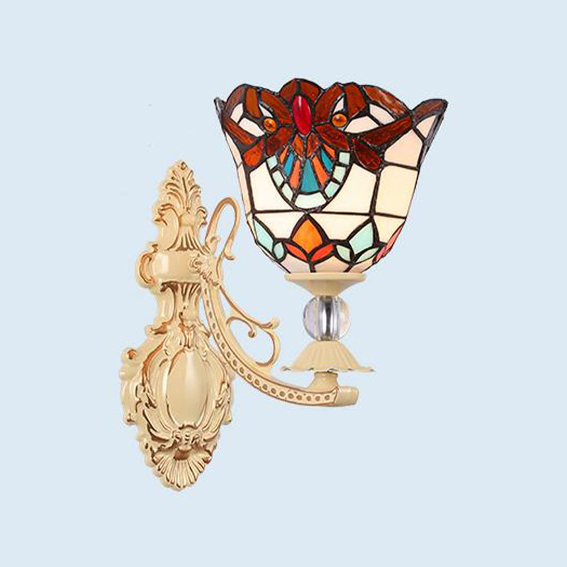 Cut Glass White/Red/Pink Sconce Light Cone/Flower/Dome 1 Light Mediterranean Wall Mounted Lamp for Outdoor Crimson Clearhalo 'Industrial' 'Middle century wall lights' 'Tiffany wall lights' 'Tiffany' 'Wall Lamps & Sconces' 'Wall Lights' Lighting' 316095