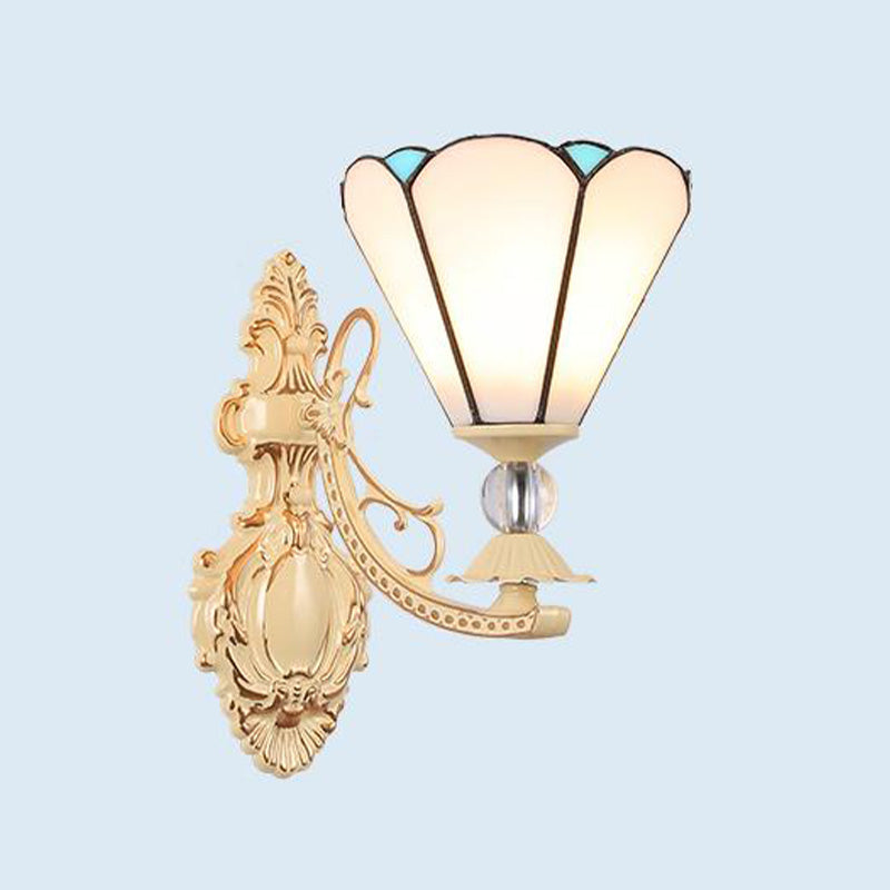 Cut Glass White/Red/Pink Sconce Light Cone/Flower/Dome 1 Light Mediterranean Wall Mounted Lamp for Outdoor White Clearhalo 'Industrial' 'Middle century wall lights' 'Tiffany wall lights' 'Tiffany' 'Wall Lamps & Sconces' 'Wall Lights' Lighting' 316097