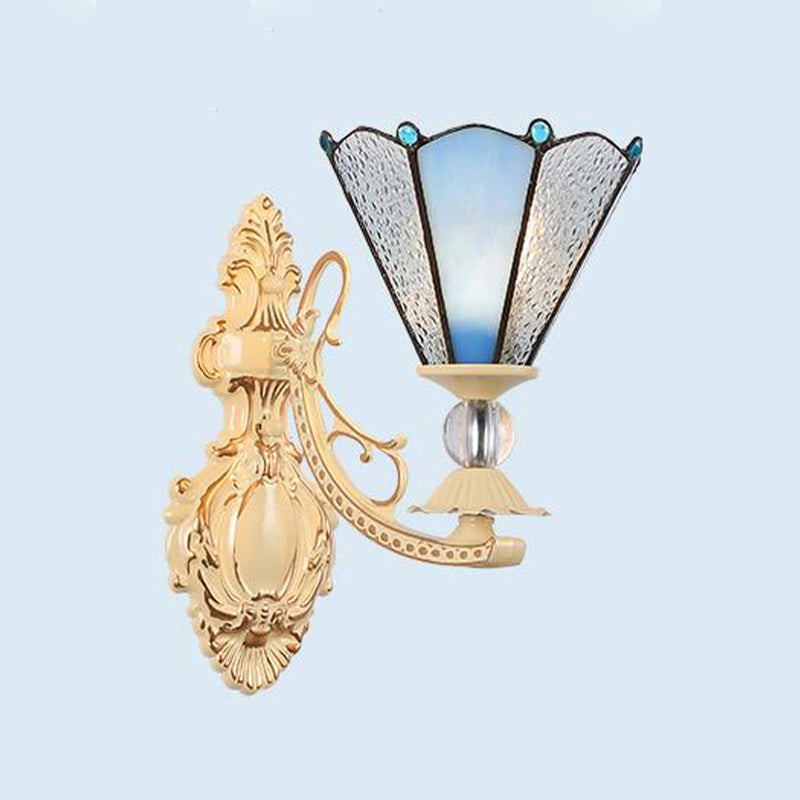 Cut Glass White/Red/Pink Sconce Light Cone/Flower/Dome 1 Light Mediterranean Wall Mounted Lamp for Outdoor Dark Blue Clearhalo 'Industrial' 'Middle century wall lights' 'Tiffany wall lights' 'Tiffany' 'Wall Lamps & Sconces' 'Wall Lights' Lighting' 316099