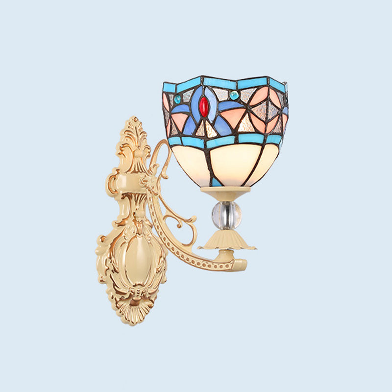 Cut Glass White/Red/Pink Sconce Light Cone/Flower/Dome 1 Light Mediterranean Wall Mounted Lamp for Outdoor Pink Clearhalo 'Industrial' 'Middle century wall lights' 'Tiffany wall lights' 'Tiffany' 'Wall Lamps & Sconces' 'Wall Lights' Lighting' 316100