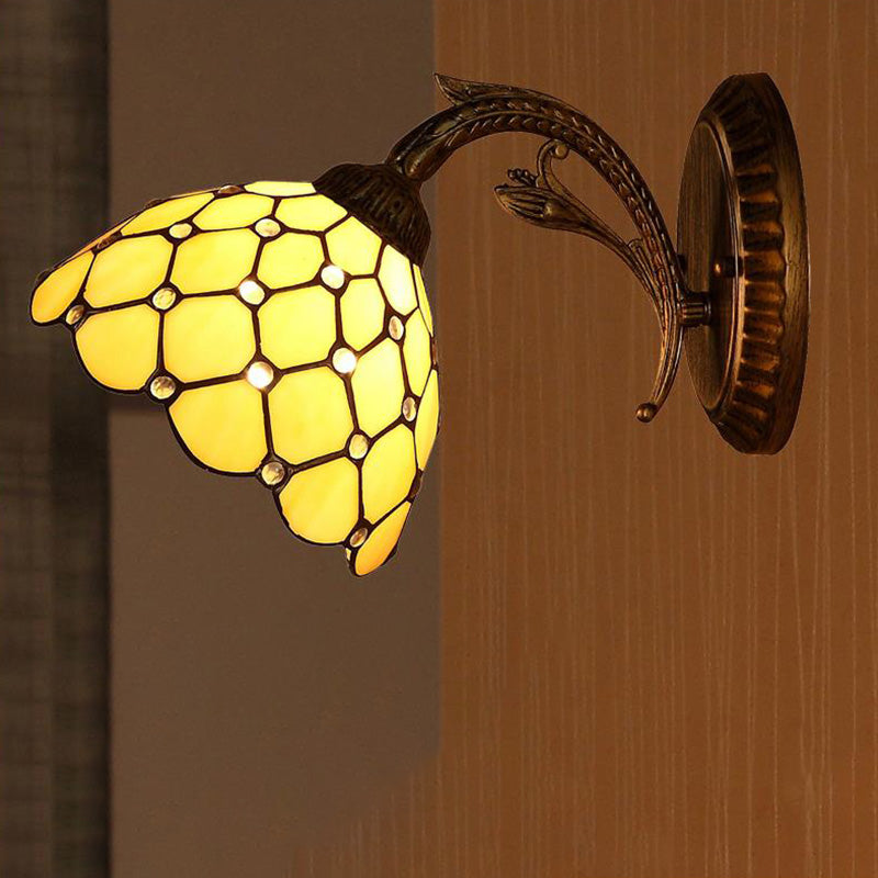 1 Light Wall Mounted Lighting Baroque Stylish Dome Stained Art Glass Sconce in Red/Yellow/Blue for Living Room Yellow Clearhalo 'Industrial' 'Middle century wall lights' 'Tiffany wall lights' 'Tiffany' 'Wall Lamps & Sconces' 'Wall Lights' Lighting' 316102
