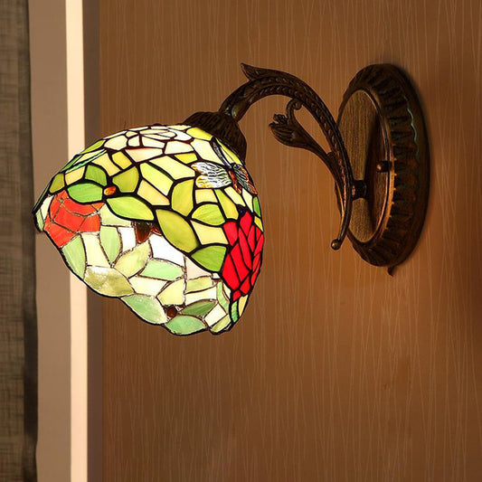 1 Light Wall Mounted Lighting Baroque Stylish Dome Stained Art Glass Sconce in Red/Yellow/Blue for Living Room Green Clearhalo 'Industrial' 'Middle century wall lights' 'Tiffany wall lights' 'Tiffany' 'Wall Lamps & Sconces' 'Wall Lights' Lighting' 316103