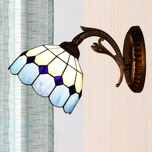 1 Light Wall Mounted Lighting Baroque Stylish Dome Stained Art Glass Sconce in Red/Yellow/Blue for Living Room Blue Clearhalo 'Industrial' 'Middle century wall lights' 'Tiffany wall lights' 'Tiffany' 'Wall Lamps & Sconces' 'Wall Lights' Lighting' 316104