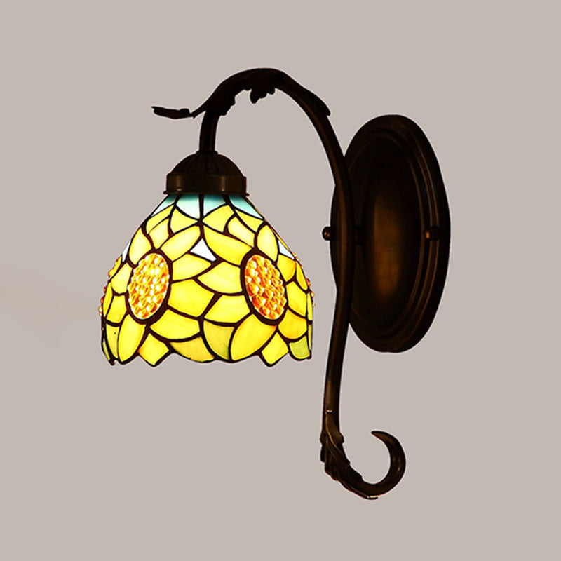 Sunflower Wall Lamp 1 Light Stained Art Glass Mediterranean Sconce in Yellow with Curved Arm Yellow Clearhalo 'Industrial' 'Middle century wall lights' 'Tiffany wall lights' 'Tiffany' 'Wall Lamps & Sconces' 'Wall Lights' Lighting' 316106