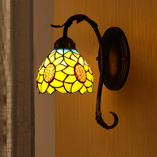 Sunflower Wall Lamp 1 Light Stained Art Glass Mediterranean Sconce in Yellow with Curved Arm Clearhalo 'Industrial' 'Middle century wall lights' 'Tiffany wall lights' 'Tiffany' 'Wall Lamps & Sconces' 'Wall Lights' Lighting' 316107
