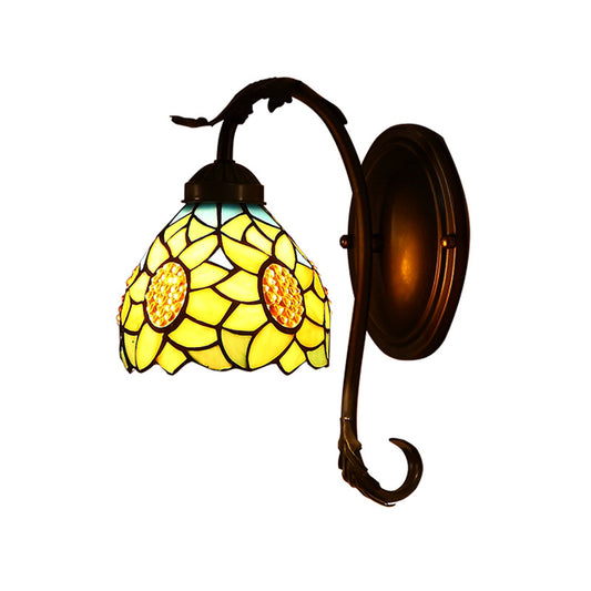 Sunflower Wall Lamp 1 Light Stained Art Glass Mediterranean Sconce in Yellow with Curved Arm Clearhalo 'Industrial' 'Middle century wall lights' 'Tiffany wall lights' 'Tiffany' 'Wall Lamps & Sconces' 'Wall Lights' Lighting' 316108