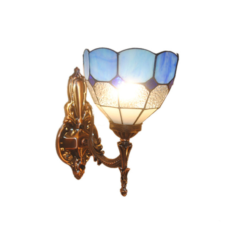 Dome Stained Glass Sconce Light Fixture Tiffany Style 1 Lights Blue/Gold/Tan Wall Lamp for Bedroom Clearhalo 'Industrial' 'Middle century wall lights' 'Tiffany wall lights' 'Tiffany' 'Wall Lamps & Sconces' 'Wall Lights' Lighting' 316109