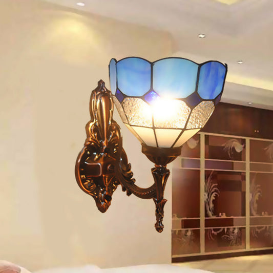 Dome Stained Glass Sconce Light Fixture Tiffany Style 1 Lights Blue/Gold/Tan Wall Lamp for Bedroom Blue Clearhalo 'Industrial' 'Middle century wall lights' 'Tiffany wall lights' 'Tiffany' 'Wall Lamps & Sconces' 'Wall Lights' Lighting' 316110