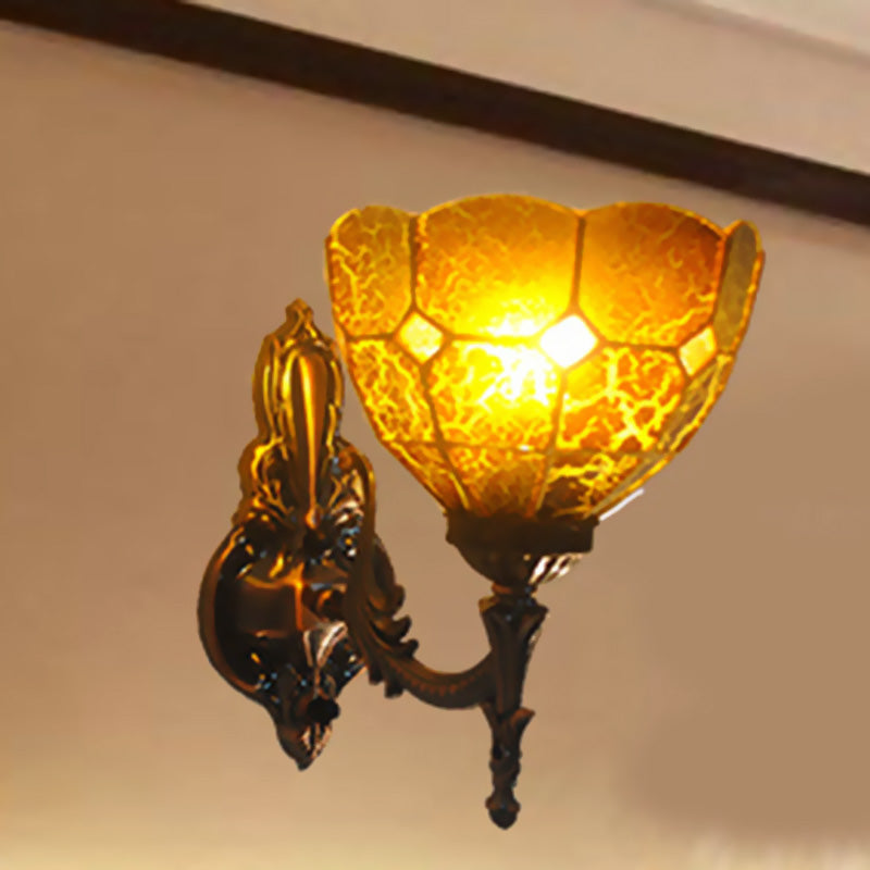 Dome Stained Glass Sconce Light Fixture Tiffany Style 1 Lights Blue/Gold/Tan Wall Lamp for Bedroom Gold Clearhalo 'Industrial' 'Middle century wall lights' 'Tiffany wall lights' 'Tiffany' 'Wall Lamps & Sconces' 'Wall Lights' Lighting' 316111