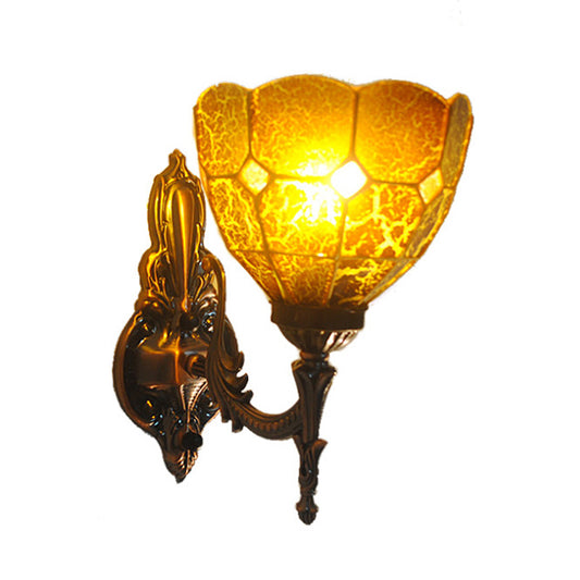 Dome Stained Glass Sconce Light Fixture Tiffany Style 1 Lights Blue/Gold/Tan Wall Lamp for Bedroom Clearhalo 'Industrial' 'Middle century wall lights' 'Tiffany wall lights' 'Tiffany' 'Wall Lamps & Sconces' 'Wall Lights' Lighting' 316112