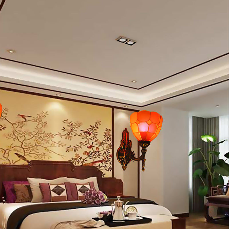 Dome Stained Glass Sconce Light Fixture Tiffany Style 1 Lights Blue/Gold/Tan Wall Lamp for Bedroom Clearhalo 'Industrial' 'Middle century wall lights' 'Tiffany wall lights' 'Tiffany' 'Wall Lamps & Sconces' 'Wall Lights' Lighting' 316113