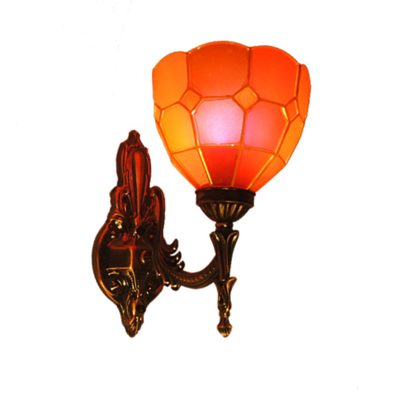 Dome Stained Glass Sconce Light Fixture Tiffany Style 1 Lights Blue/Gold/Tan Wall Lamp for Bedroom Tan Clearhalo 'Industrial' 'Middle century wall lights' 'Tiffany wall lights' 'Tiffany' 'Wall Lamps & Sconces' 'Wall Lights' Lighting' 316114