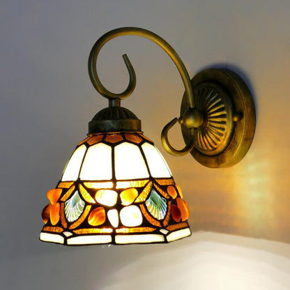 Dome Wall Lighting Idea Tiffany Stained/Beige/Green Stained Glass 1 Light White/Brass Sconce Light Fixture with Stone Deco White Clearhalo 'Industrial' 'Middle century wall lights' 'Tiffany wall lights' 'Tiffany' 'Wall Lamps & Sconces' 'Wall Lights' Lighting' 316124
