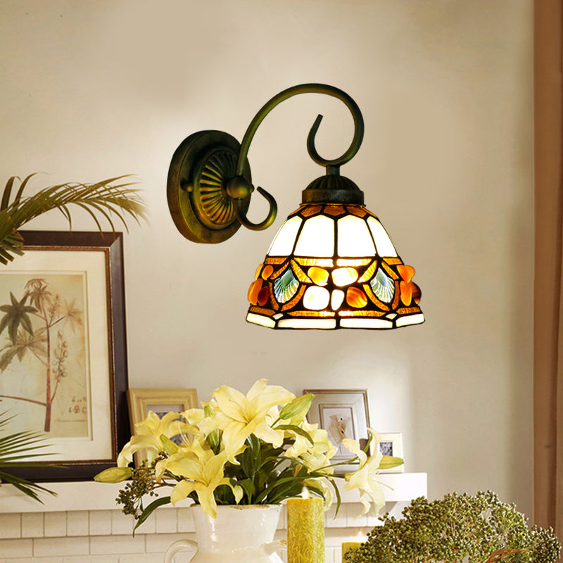 Dome Wall Lighting Idea Tiffany Stained/Beige/Green Stained Glass 1 Light White/Brass Sconce Light Fixture with Stone Deco Clearhalo 'Industrial' 'Middle century wall lights' 'Tiffany wall lights' 'Tiffany' 'Wall Lamps & Sconces' 'Wall Lights' Lighting' 316125