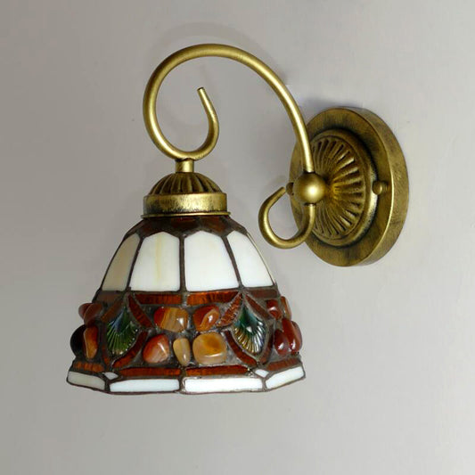 Dome Wall Lighting Idea Tiffany Stained/Beige/Green Stained Glass 1 Light White/Brass Sconce Light Fixture with Stone Deco Clearhalo 'Industrial' 'Middle century wall lights' 'Tiffany wall lights' 'Tiffany' 'Wall Lamps & Sconces' 'Wall Lights' Lighting' 316126
