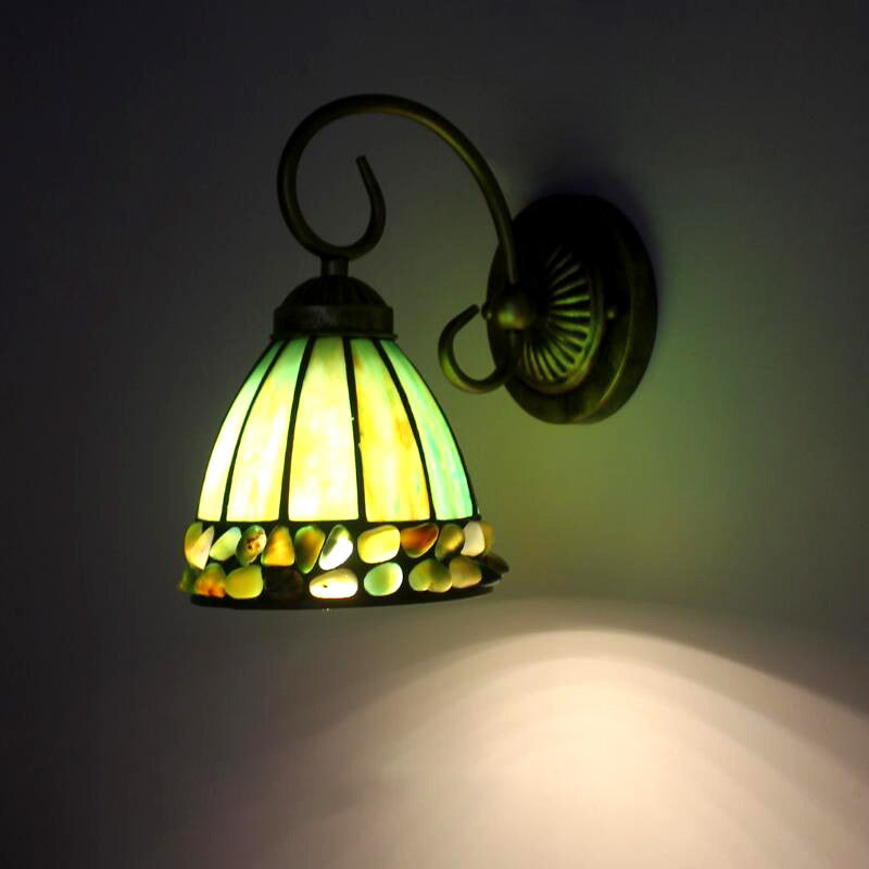 Dome Wall Lighting Idea Tiffany Stained/Beige/Green Stained Glass 1 Light White/Brass Sconce Light Fixture with Stone Deco Green Clearhalo 'Industrial' 'Middle century wall lights' 'Tiffany wall lights' 'Tiffany' 'Wall Lamps & Sconces' 'Wall Lights' Lighting' 316127