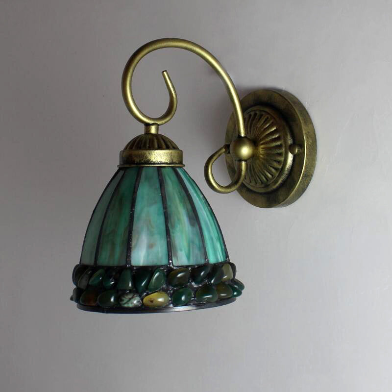 Dome Wall Lighting Idea Tiffany Stained/Beige/Green Stained Glass 1 Light White/Brass Sconce Light Fixture with Stone Deco Clearhalo 'Industrial' 'Middle century wall lights' 'Tiffany wall lights' 'Tiffany' 'Wall Lamps & Sconces' 'Wall Lights' Lighting' 316128