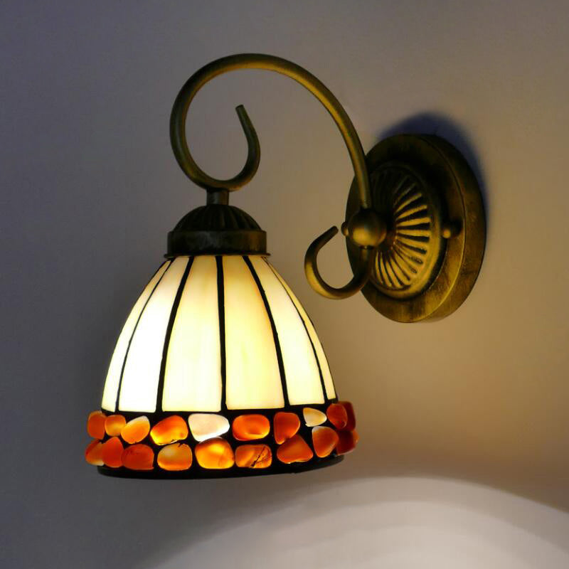 Dome Wall Lighting Idea Tiffany Stained/Beige/Green Stained Glass 1 Light White/Brass Sconce Light Fixture with Stone Deco Beige Clearhalo 'Industrial' 'Middle century wall lights' 'Tiffany wall lights' 'Tiffany' 'Wall Lamps & Sconces' 'Wall Lights' Lighting' 316129