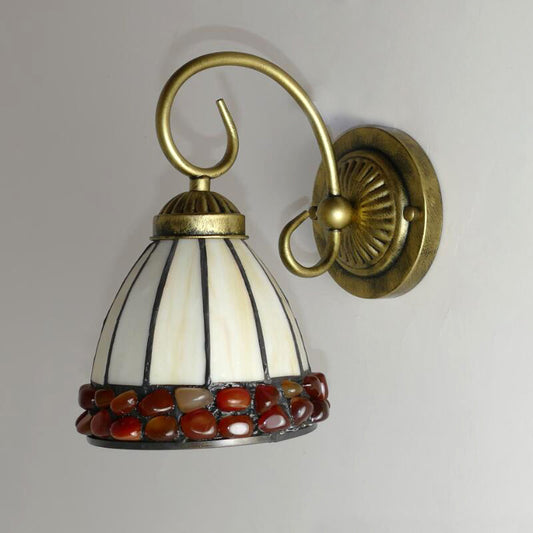 Dome Wall Lighting Idea Tiffany Stained/Beige/Green Stained Glass 1 Light White/Brass Sconce Light Fixture with Stone Deco Clearhalo 'Industrial' 'Middle century wall lights' 'Tiffany wall lights' 'Tiffany' 'Wall Lamps & Sconces' 'Wall Lights' Lighting' 316130