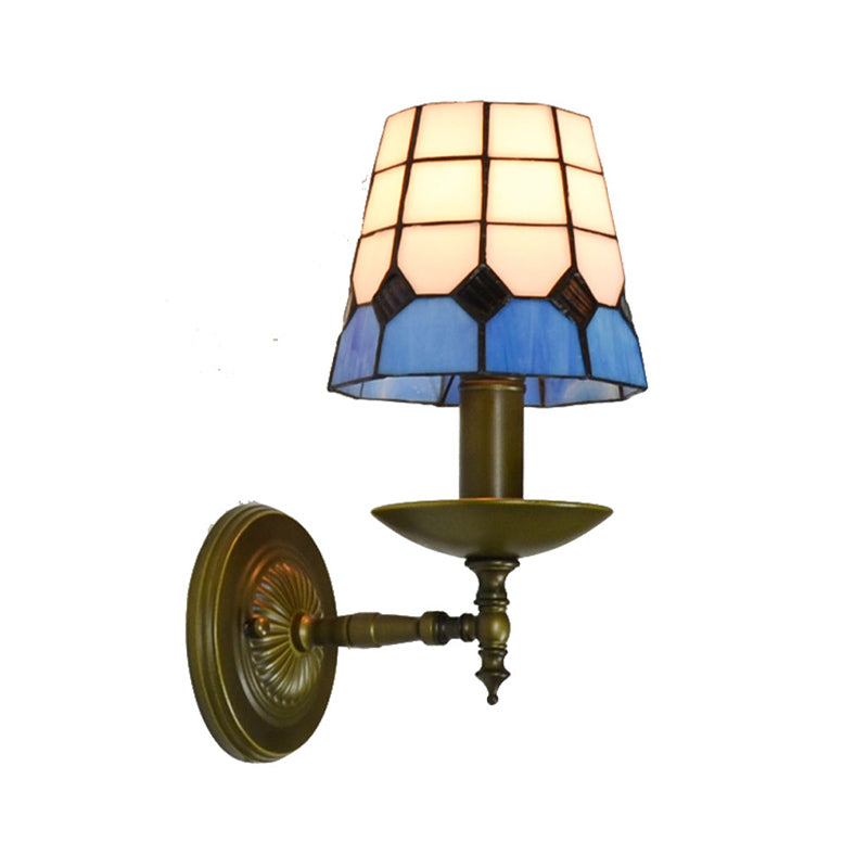 Tiffany Grid Patterned Wall Lighting Fixture 1 Light Hand Cut Glass Sconce Light in Orange/Blue/Green Blue Clearhalo 'Industrial' 'Middle century wall lights' 'Tiffany wall lights' 'Tiffany' 'Wall Lamps & Sconces' 'Wall Lights' Lighting' 316131