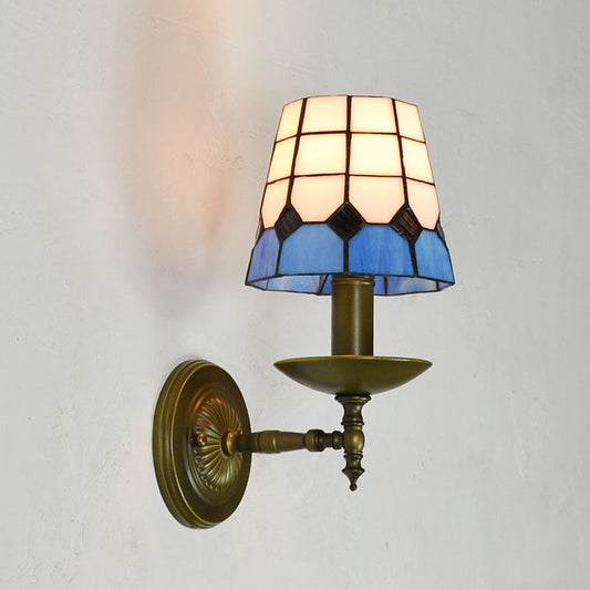 Tiffany Grid Patterned Wall Lighting Fixture 1 Light Hand Cut Glass Sconce Light in Orange/Blue/Green Clearhalo 'Industrial' 'Middle century wall lights' 'Tiffany wall lights' 'Tiffany' 'Wall Lamps & Sconces' 'Wall Lights' Lighting' 316132