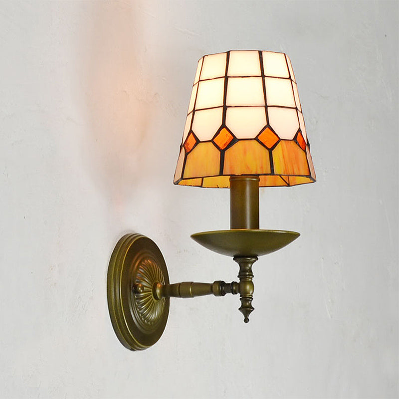 Tiffany Grid Patterned Wall Lighting Fixture 1 Light Hand Cut Glass Sconce Light in Orange/Blue/Green Orange Clearhalo 'Industrial' 'Middle century wall lights' 'Tiffany wall lights' 'Tiffany' 'Wall Lamps & Sconces' 'Wall Lights' Lighting' 316133
