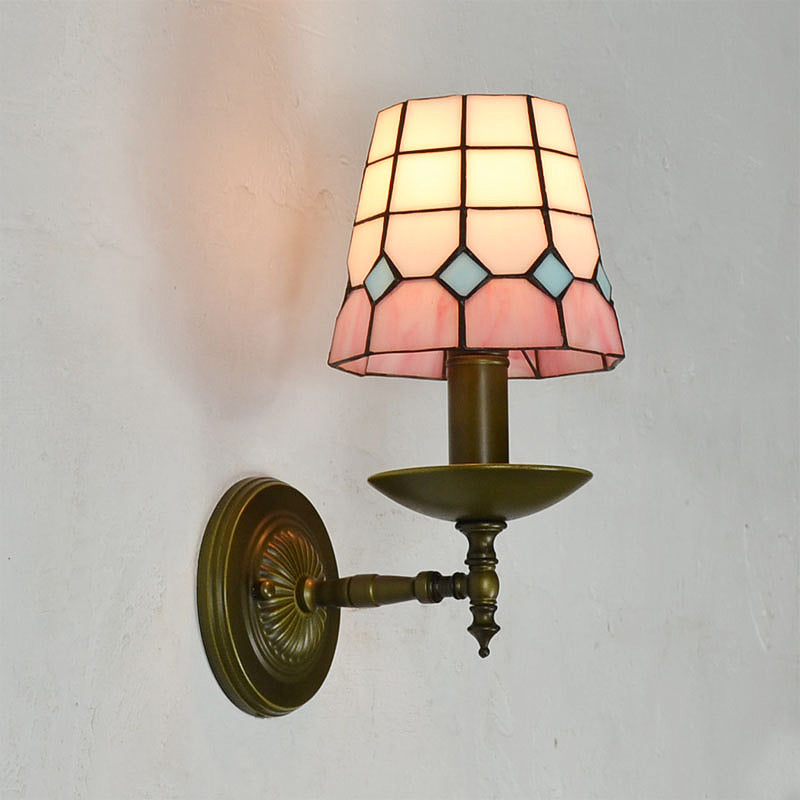 Tiffany Grid Patterned Wall Lighting Fixture 1 Light Hand Cut Glass Sconce Light in Orange/Blue/Green Pink Clearhalo 'Industrial' 'Middle century wall lights' 'Tiffany wall lights' 'Tiffany' 'Wall Lamps & Sconces' 'Wall Lights' Lighting' 316134