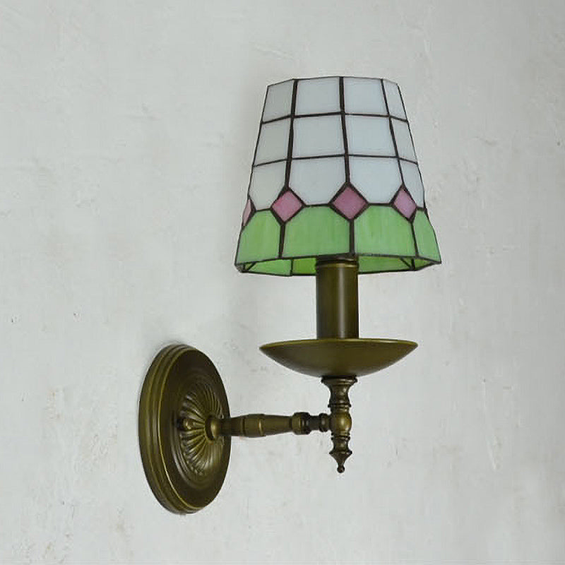 Tiffany Grid Patterned Wall Lighting Fixture 1 Light Hand Cut Glass Sconce Light in Orange/Blue/Green Clearhalo 'Industrial' 'Middle century wall lights' 'Tiffany wall lights' 'Tiffany' 'Wall Lamps & Sconces' 'Wall Lights' Lighting' 316136
