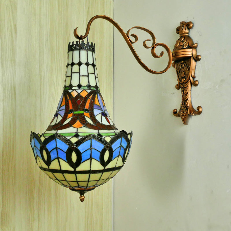 3 Lights Wall Light Fixture Mediterranean Flower Stained Glass Sconce in Beige/Yellow/Orange for Living Room Yellow Clearhalo 'Industrial' 'Middle century wall lights' 'Tiffany wall lights' 'Tiffany' 'Wall Lamps & Sconces' 'Wall Lights' Lighting' 316139
