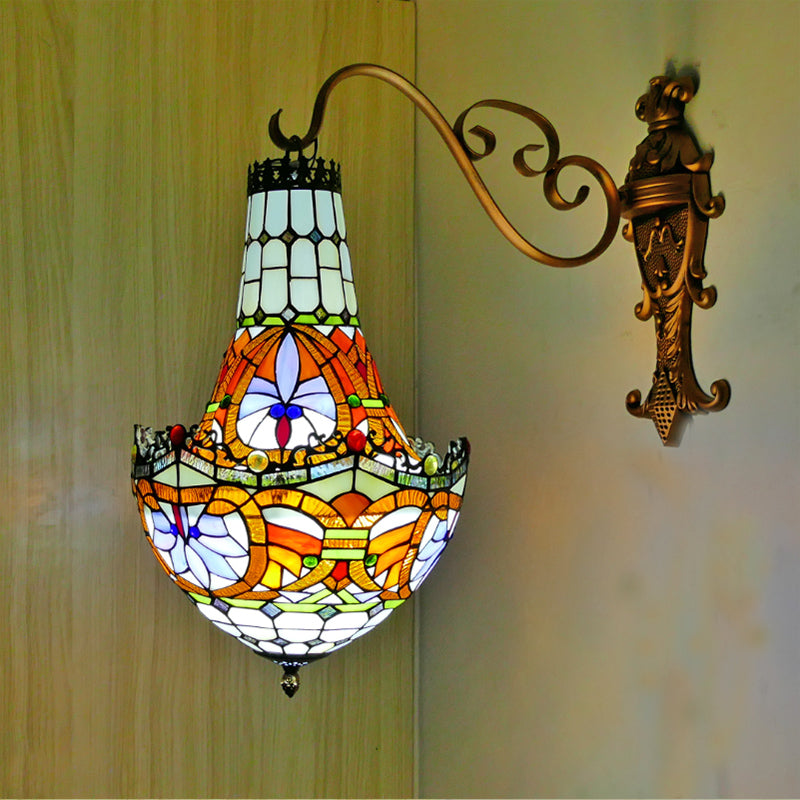 3 Lights Wall Light Fixture Mediterranean Flower Stained Glass Sconce in Beige/Yellow/Orange for Living Room Beige Clearhalo 'Industrial' 'Middle century wall lights' 'Tiffany wall lights' 'Tiffany' 'Wall Lamps & Sconces' 'Wall Lights' Lighting' 316141
