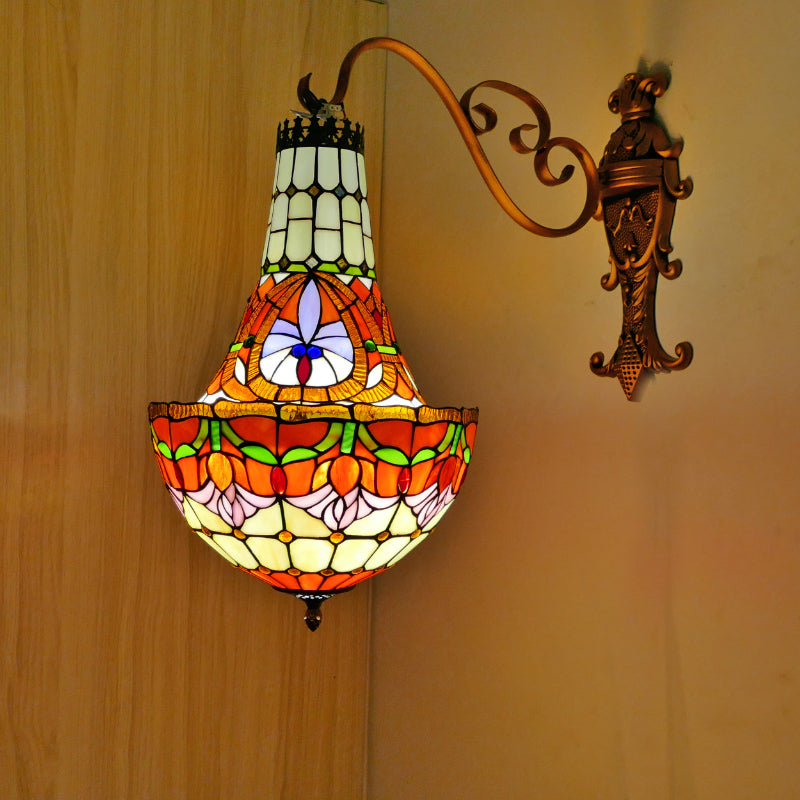 3 Lights Wall Light Fixture Mediterranean Flower Stained Glass Sconce in Beige/Yellow/Orange for Living Room Orange Clearhalo 'Industrial' 'Middle century wall lights' 'Tiffany wall lights' 'Tiffany' 'Wall Lamps & Sconces' 'Wall Lights' Lighting' 316143