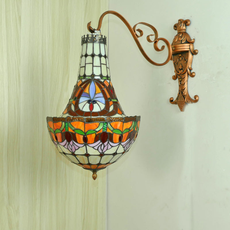 3 Lights Wall Light Fixture Mediterranean Flower Stained Glass Sconce in Beige/Yellow/Orange for Living Room Clearhalo 'Industrial' 'Middle century wall lights' 'Tiffany wall lights' 'Tiffany' 'Wall Lamps & Sconces' 'Wall Lights' Lighting' 316144