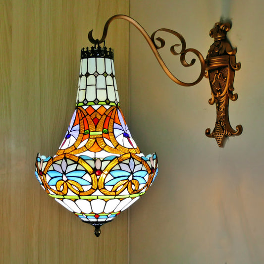 3 Lights Wall Light Fixture Mediterranean Flower Stained Glass Sconce in Beige/Yellow/Orange for Living Room Blue Clearhalo 'Industrial' 'Middle century wall lights' 'Tiffany wall lights' 'Tiffany' 'Wall Lamps & Sconces' 'Wall Lights' Lighting' 316145