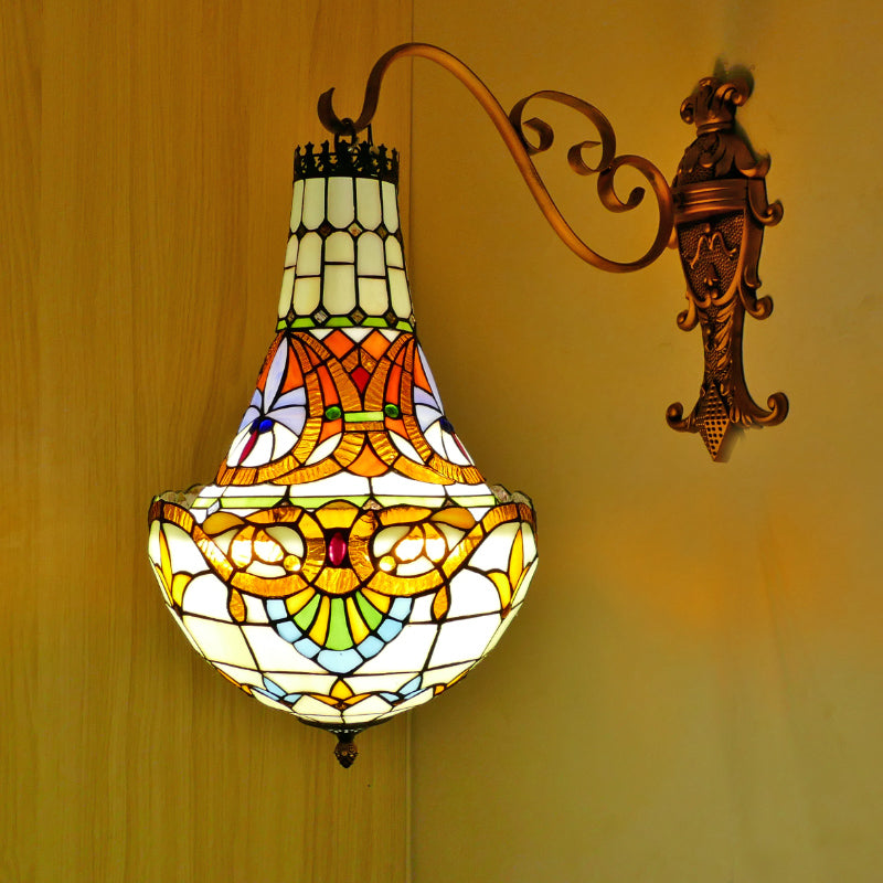 3 Lights Wall Light Fixture Mediterranean Flower Stained Glass Sconce in Beige/Yellow/Orange for Living Room Green Clearhalo 'Industrial' 'Middle century wall lights' 'Tiffany wall lights' 'Tiffany' 'Wall Lamps & Sconces' 'Wall Lights' Lighting' 316147