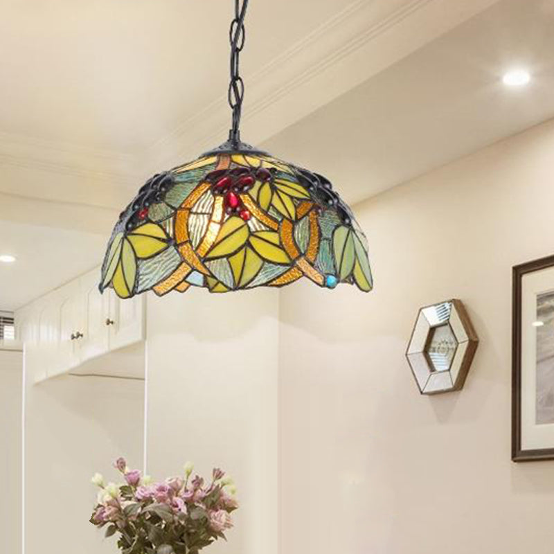 1 Light Kitchen Ceiling Pendant Tiffany Green/Blue Hanging Light with Domed Stained Glass Shade Clearhalo 'Ceiling Lights' 'Chandeliers' 'Industrial' 'Middle Century Pendants' 'Pendant Lights' 'Pendants' 'Tiffany close to ceiling' 'Tiffany Pendants' 'Tiffany' Lighting' 316153