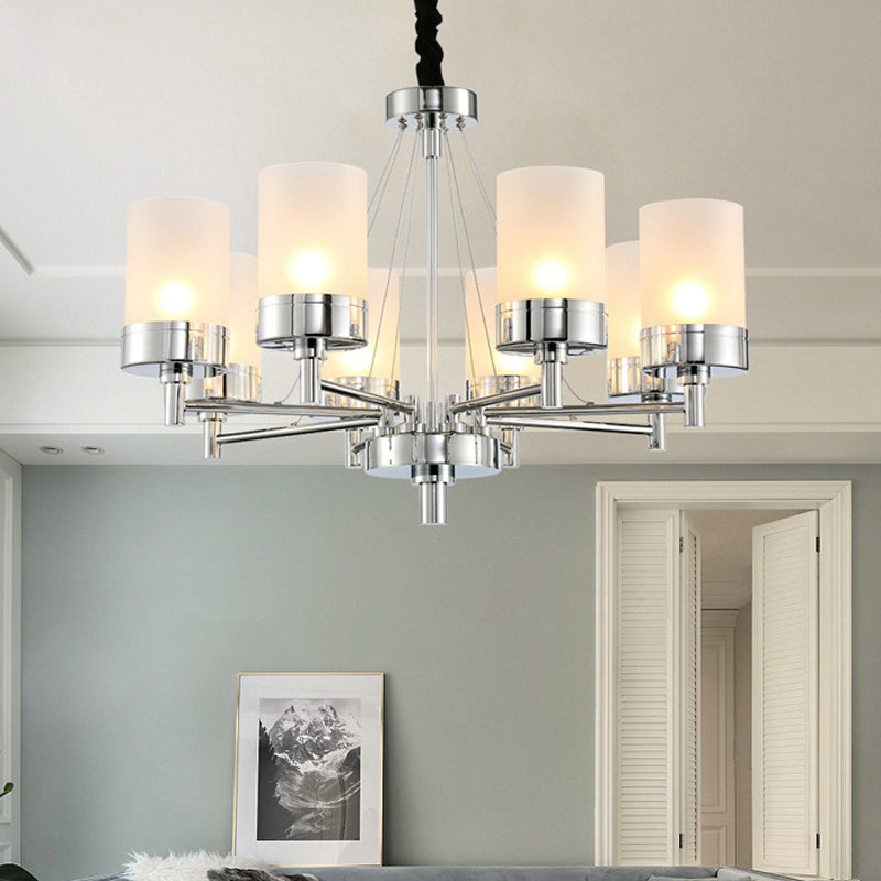8 Heads Cylinder Hanging Chandelier Modernist Frosted Glass Pendant Light Fixture in Chrome Clearhalo 'Ceiling Lights' 'Chandeliers' 'Glass shade' 'Glass' 'Modern Chandeliers' 'Modern' Lighting' 316240