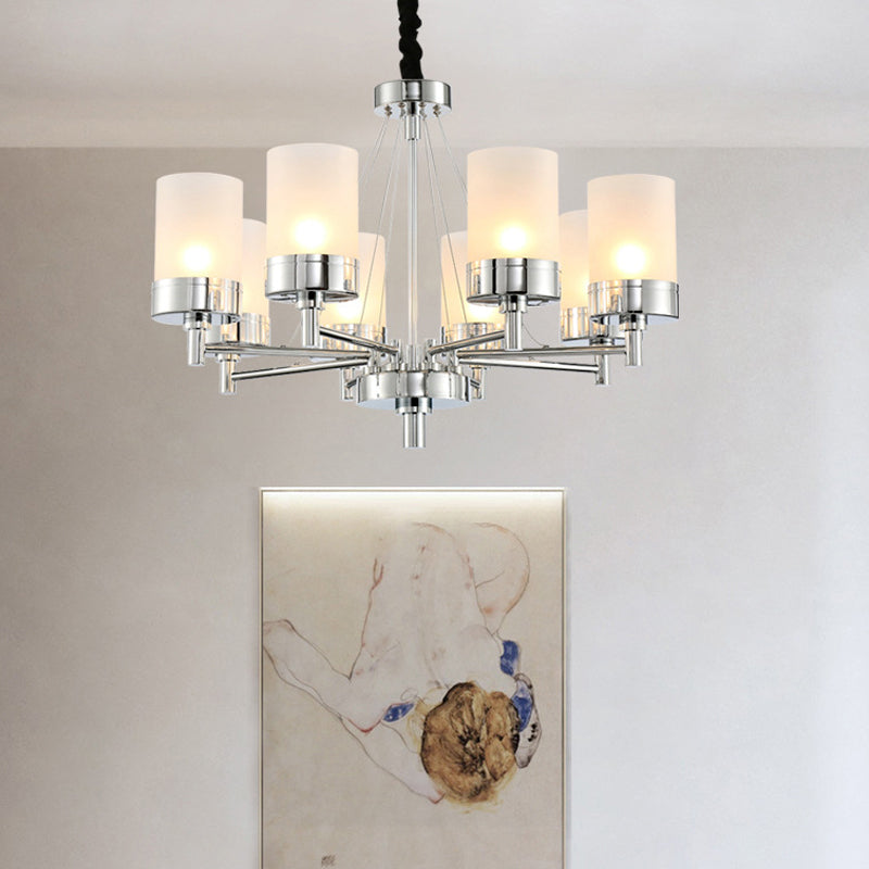 8 Heads Cylinder Hanging Chandelier Modernist Frosted Glass Pendant Light Fixture in Chrome Chrome Clearhalo 'Ceiling Lights' 'Chandeliers' 'Glass shade' 'Glass' 'Modern Chandeliers' 'Modern' Lighting' 316241