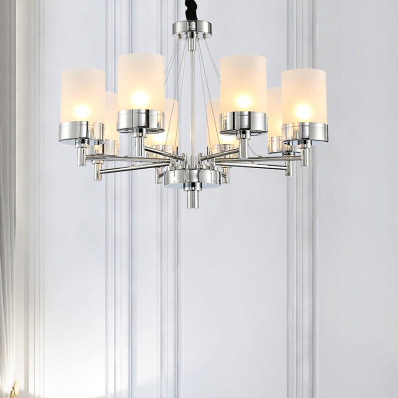 8 Heads Cylinder Hanging Chandelier Modernist Frosted Glass Pendant Light Fixture in Chrome Clearhalo 'Ceiling Lights' 'Chandeliers' 'Glass shade' 'Glass' 'Modern Chandeliers' 'Modern' Lighting' 316242