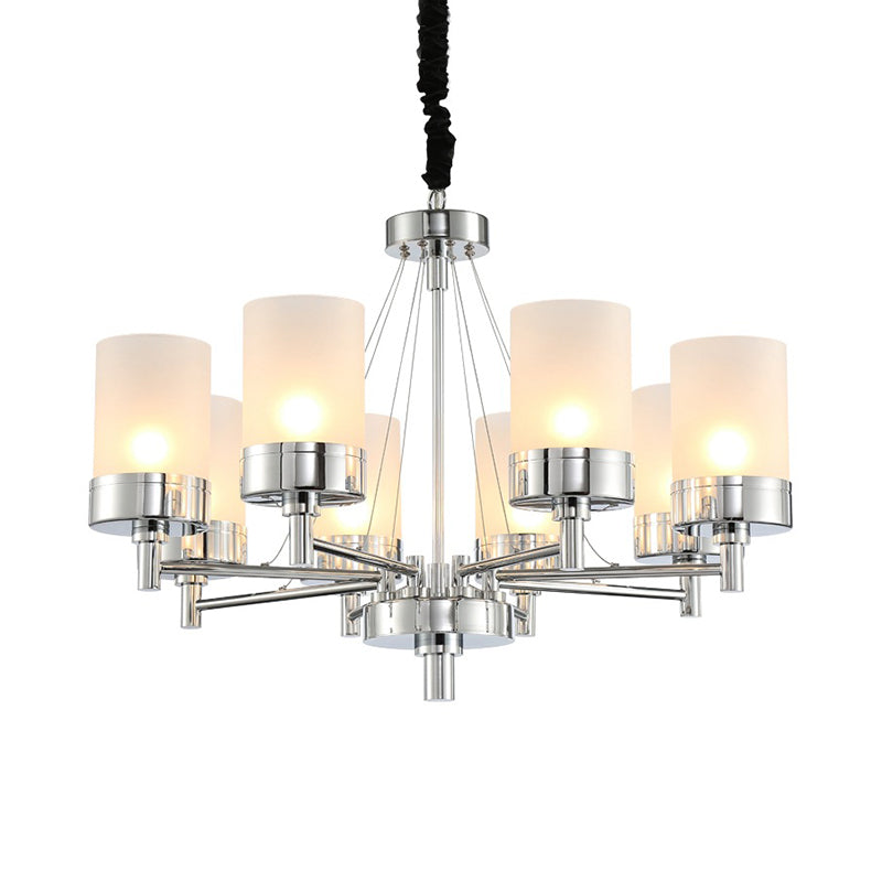 8 Heads Cylinder Hanging Chandelier Modernist Frosted Glass Pendant Light Fixture in Chrome Clearhalo 'Ceiling Lights' 'Chandeliers' 'Glass shade' 'Glass' 'Modern Chandeliers' 'Modern' Lighting' 316243